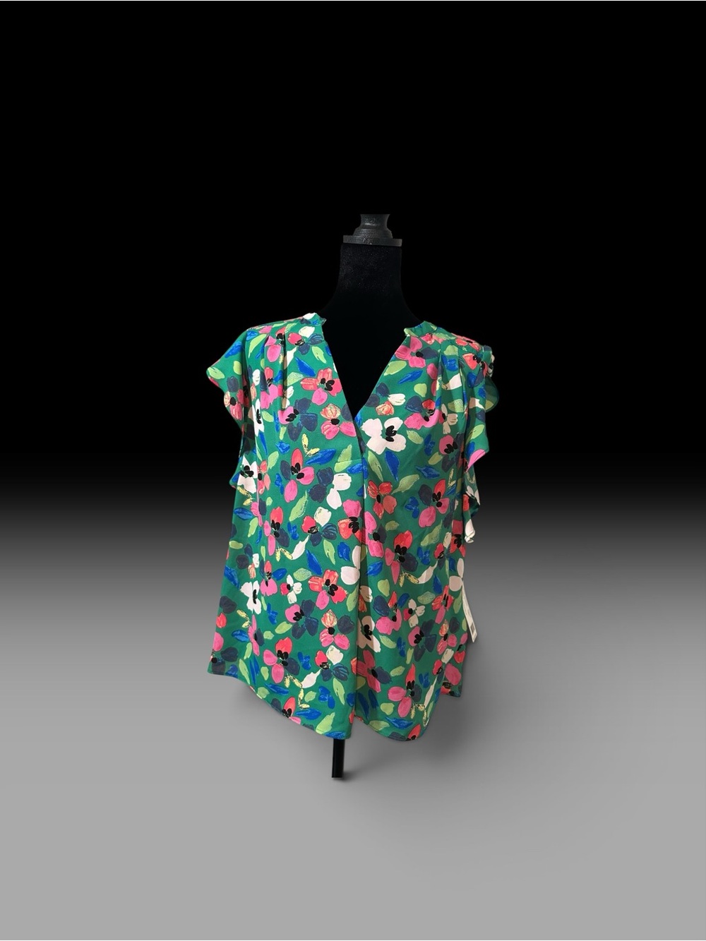 Zac & Rachel Green Floral V-Neck Flutter Sleeve Blouse